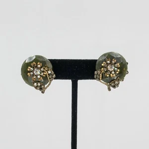 Vintage Miriam Haskell (Horse Shoe) Green Bakelite Rhinestone Clip-on Earrings - Picture 1 of 9