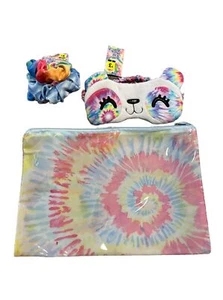 Set Of 3 Girls Accessories Tie Dye Velvet Scrunchies Panda Sleep Mask Vinyl Tote - Picture 1 of 5