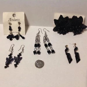 Grandma's Jewelry ~ Vintage Pierced Earring Lot Black Beaded Dangly Butterfly  - Picture 1 of 6