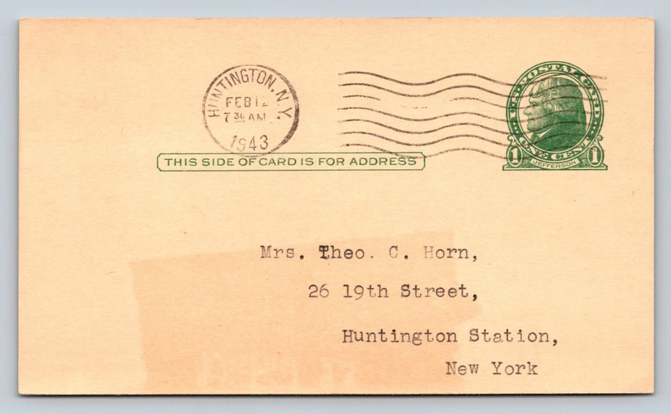 c1914 UX27 Postal Card Jefferson 1c HUNTINGTON STATION NY 'Change In Leadership' - Image 1 of 3