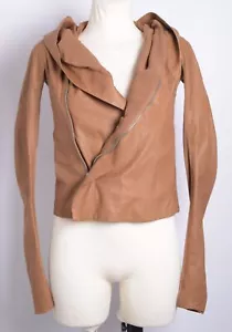 Rick Owens Women Mocco Brown Biker Jacket 100% Leather Hooded Bomber Sz IT 38 XS - Picture 1 of 9