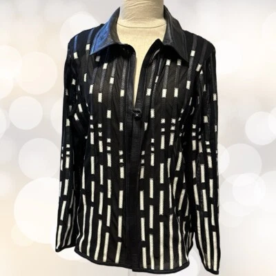 Vintage STILLMAN STUDIO NY Leather Jacket Womens M Black Sheer Mesh Stripes Y2K - Image 1 of 4