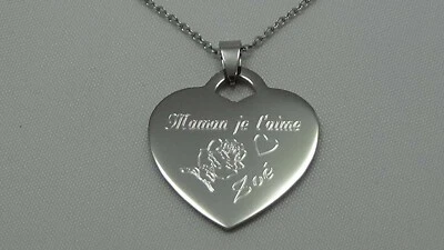 Superbe pendentif coeur acier gravé + chaîne fête des mères maman je t'aime