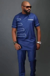 Blue-black and White Men's Short Sleeve Shirt and Pants Kaftan African Clothing - Picture 1 of 2
