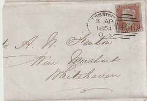 1854 3 APR LIVERPOOL SPOON 3 MARGIN 1d IMPERF PART LETTER TO WHITEHAVEN WINE M - Picture 1 of 4
