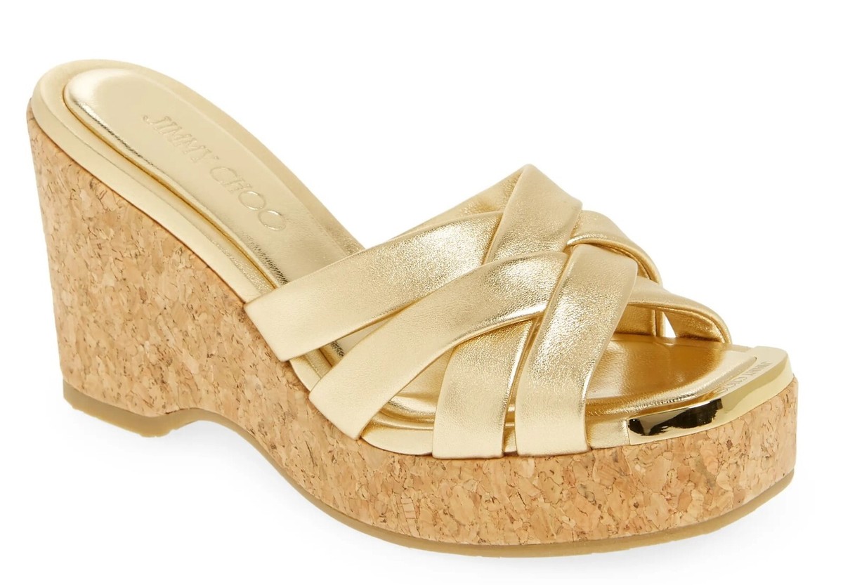 シューズ・サンダルその他 JIMMY CHOO Woman Wedge shoes Brown LEDAWEDGE100FDZ TAN/GOLD Leda Wedge 100 |Tan Nappa Leather Mule Wedge | JIMMY CHOO