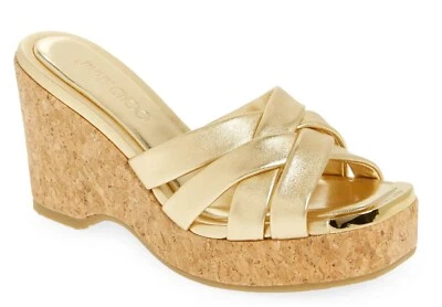 Sandalias Jimmy Choo Maribou 110 para mujer de cuero con plataforma de cuña doradas talla 37 / EE. UU. 7 Foto 1 de 4