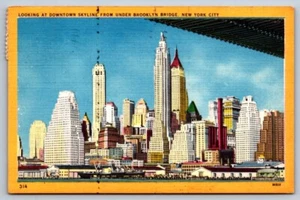 Linen Postcard Downtown Skyline New York City - Picture 1 of 2
