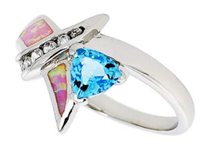 Feiner Damenring Silber rhodiniert, rosa simulierter Opal Knoten, hellblau 14 mm - Bild 1 von 1