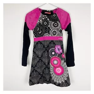 Desigual Girls Long Sleeve Dress Pink Black Artsy Size 13/14 - Picture 1 of 6