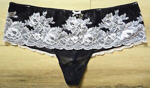 Vintage Victoria's Secret Black Lace Mesh Cut-Out Back Cheeky Panties Bows M