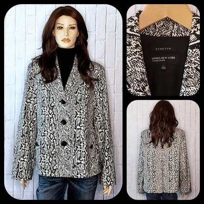 Jones New York Traje Elástico Chaqueta Blanco y Negro Piel de Serpiente Trench Coat Recortado L Foto 1 de 4