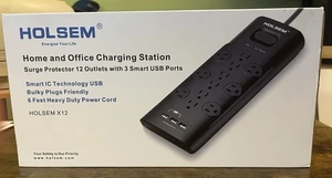 Tira de alimentación protectora contra sobretensiones HOLSEM 12 tomas 3 puertos de carga USB inteligentes NUEVO - Imagen 1 de 2