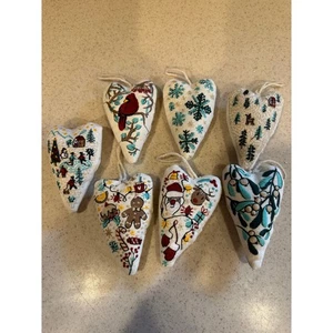 Embroidered Heart Christmas Decoration set of 7 - Picture 1 of 5