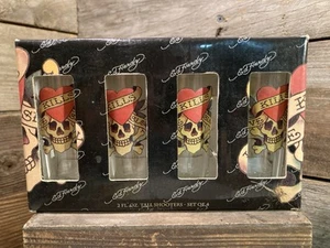 BRAND NEW - DON ED HARDY DESIGNS - SET OF 4 TALL SHOT GLASSES LOVE KILLS SLOWLY - Picture 1 of 3