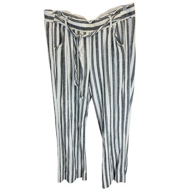 Pantalones informales cómodos para mujer Jolt gris blanco a rayas mezcla de lino pierna ancha XL Foto 1 de 4