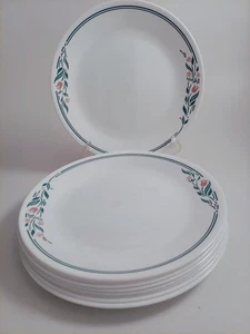Set of 9 Corelle Rosemarie Dinner Plates Mauve Tulip Flowers Green Rim Corning - Picture 1 of 5