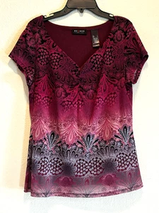 Liz Claiborne Axcess Burgundy To Gray Ombre Short Sleeve Sheer Lined Top Size L - Picture 1 of 18