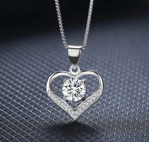 925 Sterling Silver Love Heart Cubic Zirconia CZ Pendant Necklace 16" Gift Box - Picture 1 of 8