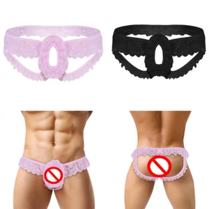 Sissy Mens Lacy Frilly Open Hole Panties Crotchless Open Back Briefs Underwear - Picture 1 of 21