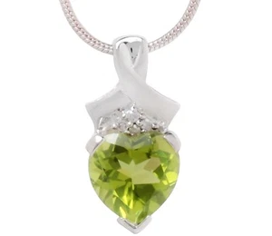 Natural heart Peridot and Diamond Pendant Sterling Silver Snake Chain Necklace - Picture 1 of 3