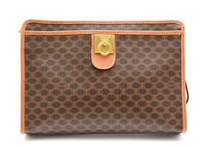 CELINE [Rank AA] Macadam Gancini Blason Clutch Bag PVC Leather Brown Gold Auth - Picture 1 of 13