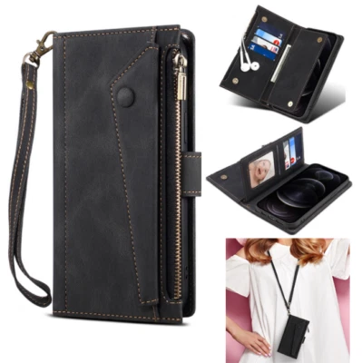 Leather Girl/Women Zipper Card Holder Wallet Flip Phone Case Neck Strap Cover - Image 1 of 4