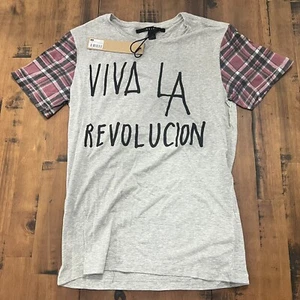Ksubi Shirt Mens M Gray SS Viva La Revolucion Tee Plaid Sleeve - Picture 1 of 4
