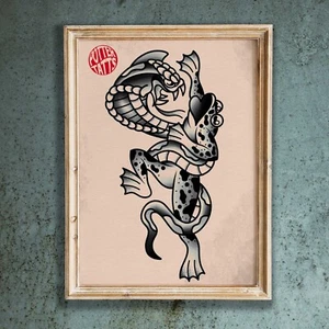 Traditional Snake & Frog - Old School Traditional Flash Tattoo Art Print - Bild 1 von 3