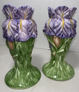 Garden Bloom Pair Purple Ceramic Iris Tapered Candle Holders 6" X 2.6” - Picture 1 of 2