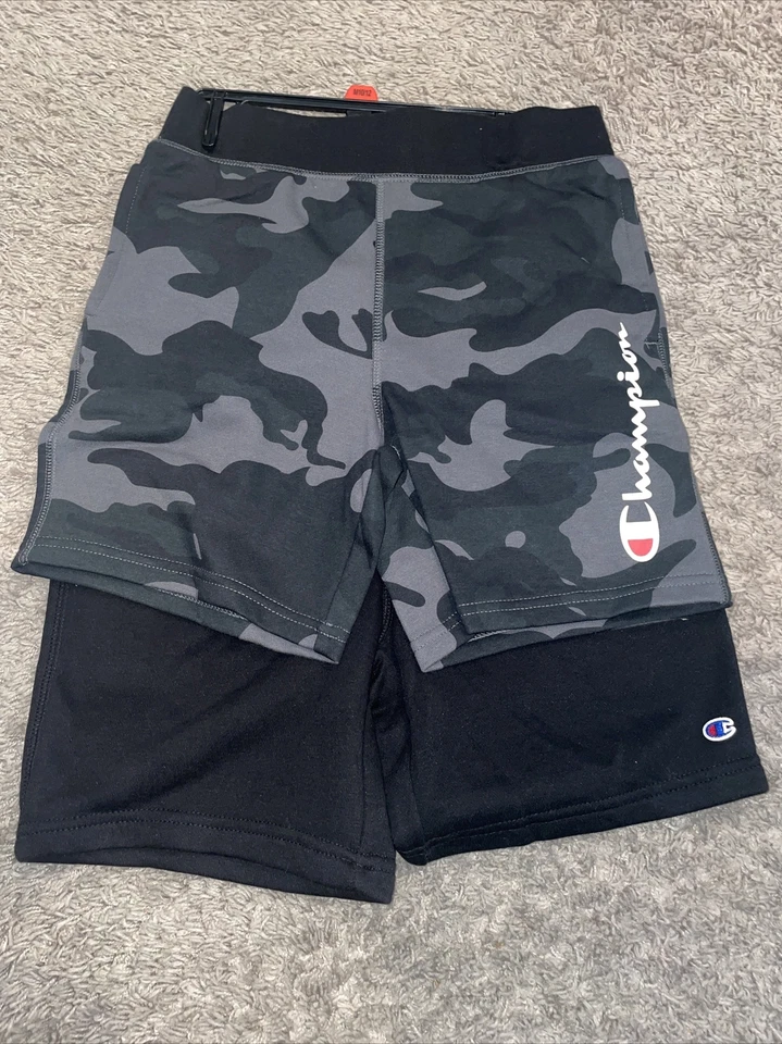 Boy's Champion 2 Pack Terry Shorts Black and Gray Camo Size Medium 10 - 12