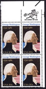 Scott #1952 George Washington 250th Birthday Plate Zip Block of 4 Stamps - MNH - Picture 1 of 1