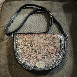TRINITY RANCH Brown Tooled Studded Saddlebag Handbag Western Crossbody - Picture 1 of 15