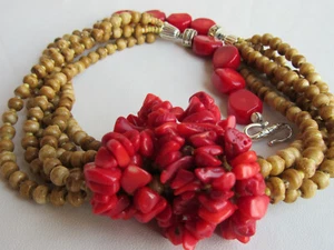 Handcrafted Himalayan Bone Beads+Red Coral Rustic Necklace+Bracelet set Handmade - Picture 1 of 12