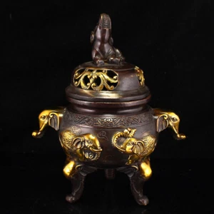 Vintage Gilt Gold Copper Elephant Double Ears 3 Legs Incense Burner - Picture 1 of 7