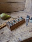 ANTIQUE VINTAGE LABORATORY APOTHECARY BRASS SCALE WEIGHTS in WOODEN BLOCK 