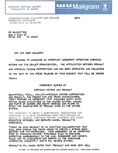 1979 AMC RENAULT AGREEMENT ORIGINAL MAILGRAM - - Picture 1 of 2