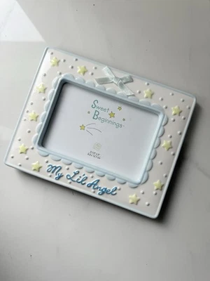 Russ Porcelain Baby Boy Photo Frame Fits 3.5”x 5” “My Lil’ Angel” STARS BOW NEW - Image 1 of 4