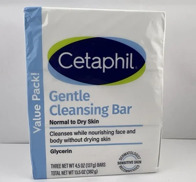 Cetaphil BARRA LIMPIADORA SUAVE Jabón 4.5oz Ea, Sensible Normal - Piel Seca, 3 BARRAS Foto 1 de 3