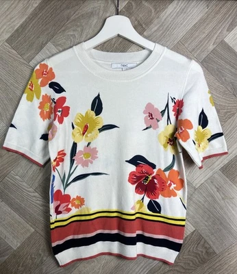 NEXT Ivory & Coloured Floral Print Short Sleeved Jumper Top Size 6 - Image 1 of 4