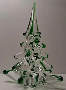 Murano Italian Christmas Tree Blown Art Glass Green & Crystal Swirl 8” Vintage - Picture 1 of 8