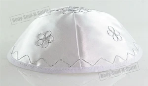 Silver Flowers Satin Kippah Yarmulke Jewish Yamaka Kippa Israel Head Cover - Picture 1 of 6