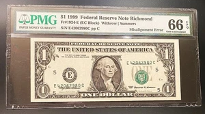 *AWESOME* $1 1999 "MISALIGNMENT ERROR NOTE" PMG SUPERB GEM UNCIRCULATED 66EPQ - Picture 1 of 2