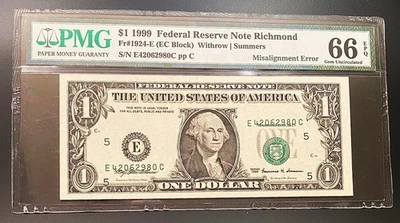 *AWESOME* $1 1999 "MISALIGNMENT ERROR NOTE" PMG SUPERB GEM UNCIRCULATED 66EPQ - Image 1 of 2