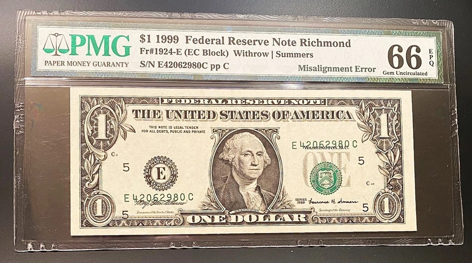 *AWESOME* $1 1999 "MISALIGNMENT ERROR NOTE" PMG SUPERB GEM UNCIRCULATED 66EPQ - Image 1 of 2