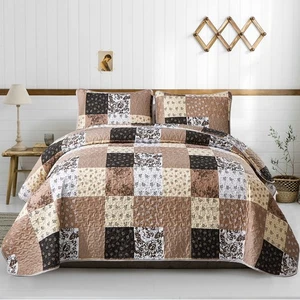 Set Trapunta Patchwork Marrone California King Size,3 Pezzi Cachi Floreale Plaid Re... - Foto 1 di 7