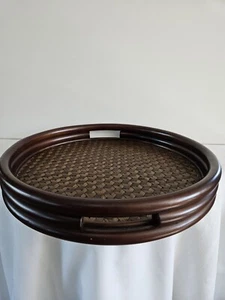 Vintage Pier 1 Wooden Bamboo Wicker Rattan Serving Tray 15.5” - Picture 1 of 6
