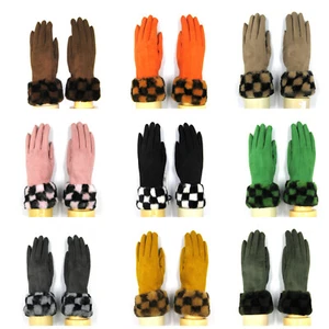 Women Checkerboard Print Fur Trim Gloves Ladies Winter Warm Fingers 7265 - Picture 1 of 10