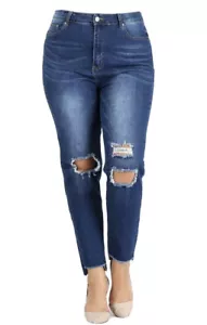 BBA Jeans Womens Plus 1X Blue Distressed Ripped Skinny Raw Hem Stretch Denim - Picture 1 of 12