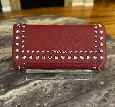 STUNNING Vintage Red Prada Wallet w/ Crystals Rhinestones & Silver Studs RARE! - Image 1 of 4